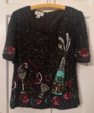 Vtg Lawrence Bazar Sequin Champagne Celebration New Years Eve Top Blouse 1X