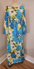 Vtg Alice Polynesian Hawaiian Hostess Dress Barkcloth Flower Power Daisy Blue
