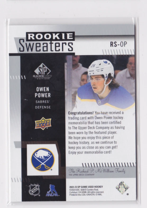 2022-23 UD SP GAME-USED ROOKIE SWEATERS INSERT OWEN POWER #RS-OP BUFFALO SABERS - Image 2 of 2