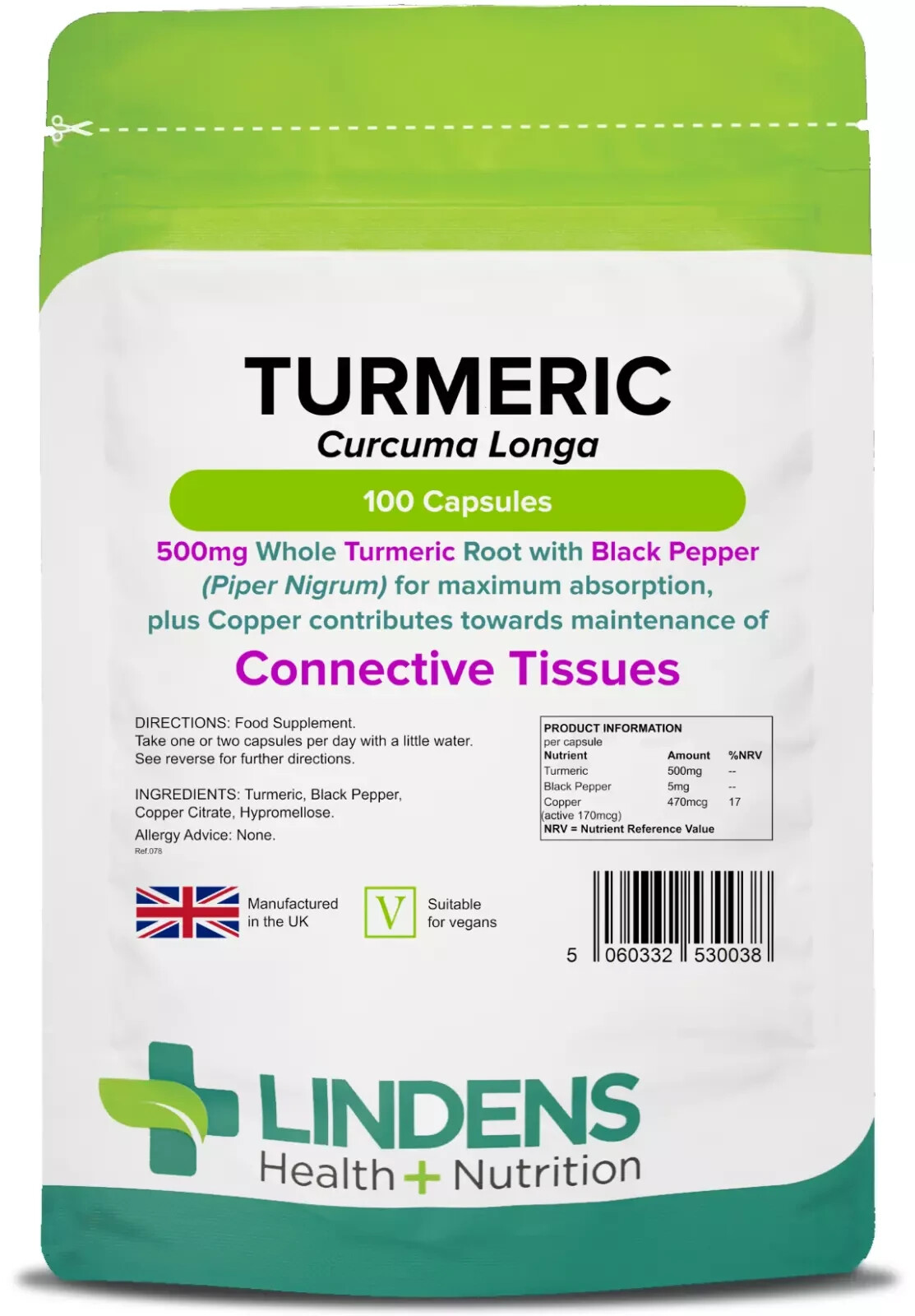 Lindens Turmeric (Whole Root Caps) 500mg 100 Caps, Anti-Inflammatory - Image 3