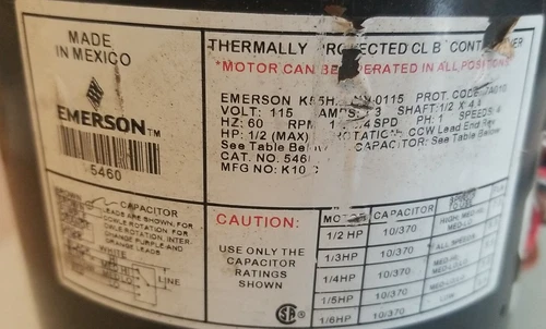 US Motors K55HXENV-0115 Blower Motor 1/2HP 1075RPM 4SPD 115V 1PH 5460 CCW 3b=9