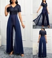Women Elegant Short Sleeves Jumpsuit V-Neck Formal Dress Banquet Party Navy