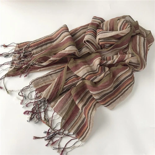 Women Men Linen Cotton Scarf Wrap Shawl Tassel Striped Lightweight Casual Brown - Picture 15 of 16