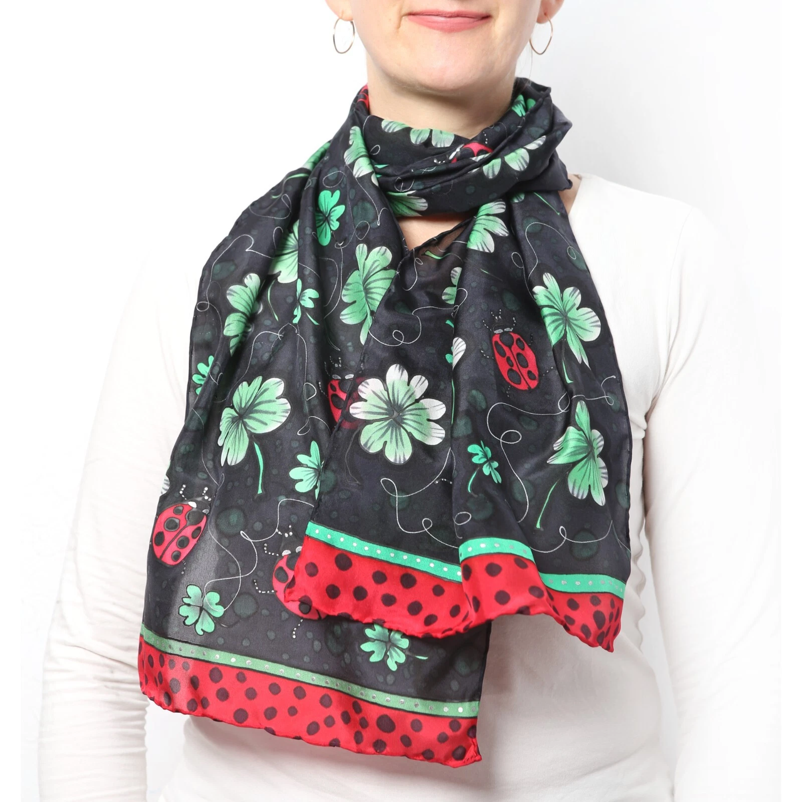 Ladybird Four Leaf Clover Hand Painted Silk Scarf Black Scarf Ladybug Gift
