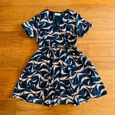 Louche Jelena Bird Navy Blue Pink Wrap Dress 12 Belted String Tie Light Comfy