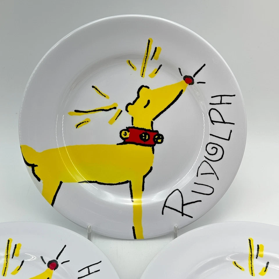 POTTERY BARN KIDS Plate Set Rudolph Christmas Holiday Reindeer 8" Melamine Lot 4 - Image 2 of 4