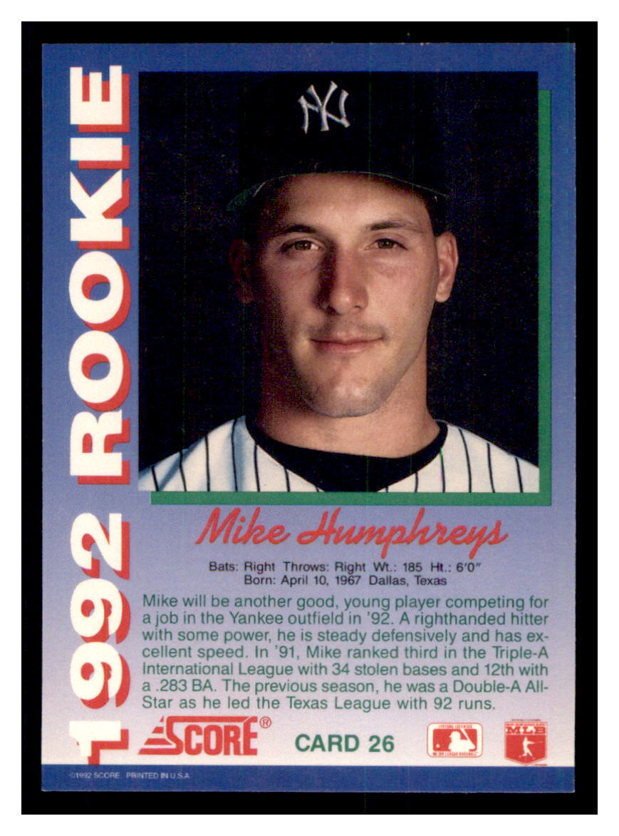 1992 Score Rookies #26 MIKE HUMPHREYS RC New York Yankees ~F3W - Picture 2 of 2