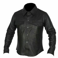 Men Black Sheep skin Soft Leather Shirt Gay Bluf Full Sleeves NFJ19