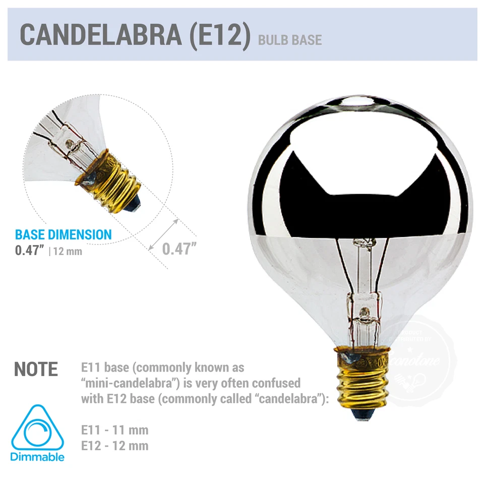 6 Pack 60G16.5 1/2 Bulb 60W Silver Crown Half Chrome Mirror Globe Candelabra E12 - Image 3 of 3