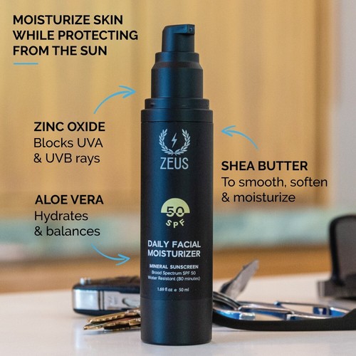 Crema hidratante facial diaria ZEUS con FPS 50 hecha en EE. UU. - Imagen 2 de 6