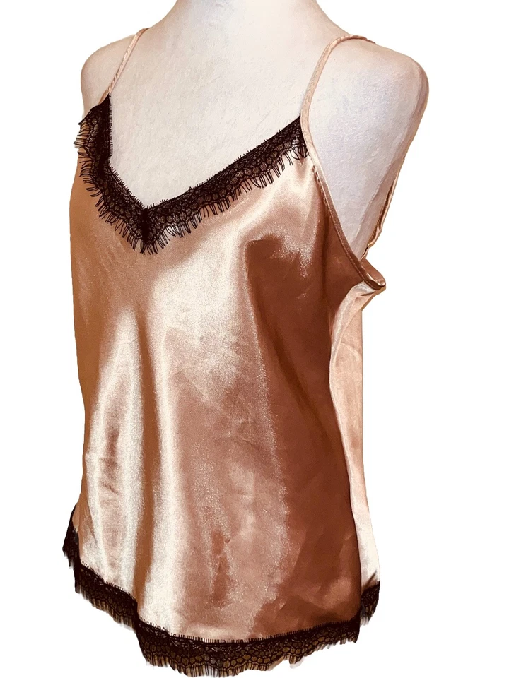 Blusa Top Camisola Nicole Miller Dorado Satinado Talla M, EE. UU. 8 Borde Pestañas Negro Nueva con Etiquetas Foto 3 de 4