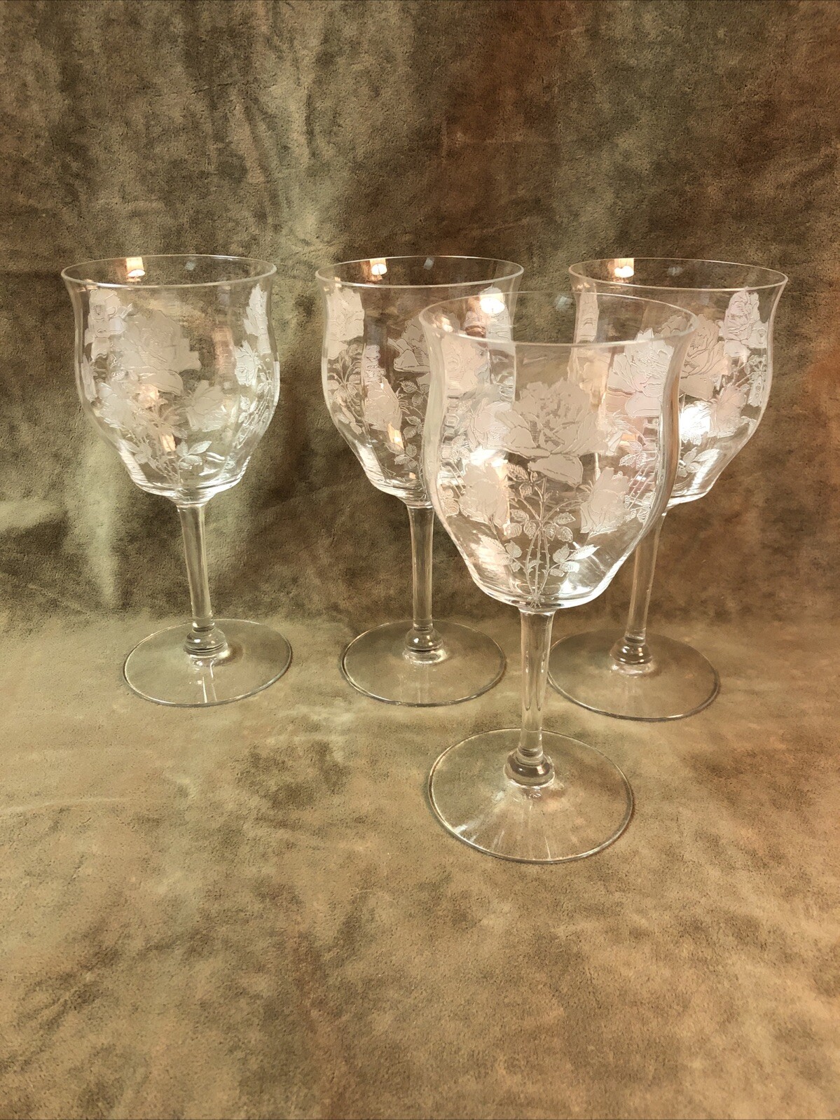 1920’s Fry Art Glass 3 Stemmed Rose Etch Water/wine Goblet Stem Lot Of 4 #7816