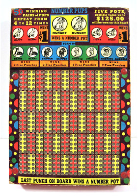 Vintage Number Pups Bright Colorful 5 Ct Thick Punch Board Gambling Store Stock