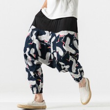 Mens Elastic Waist Baggy Harem Pants Low Crotch Trousers Loose Casual Printed