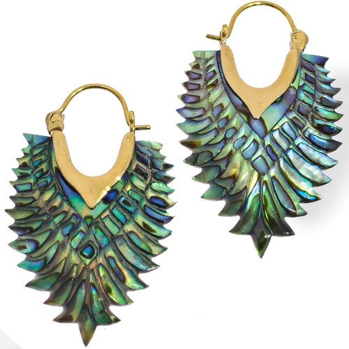 Exquisite Paua Abalone Shell Leaf Hand Carving Brass Earrings, 1 5/8" - Picture 2 of 3