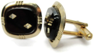 Rectangle Black Cufflinks Gold Tone Vintage Signed M In Circle