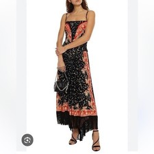 Paco Rabanne Frieze Fringe Dress Black Red Floral Print Maxi Sz 40 FR / 8 US