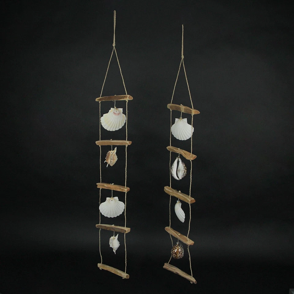 Juego de 2 escaleras colgantes de madera a la deriva concha de mar de vieira decoración del hogar Foto 2 de 3