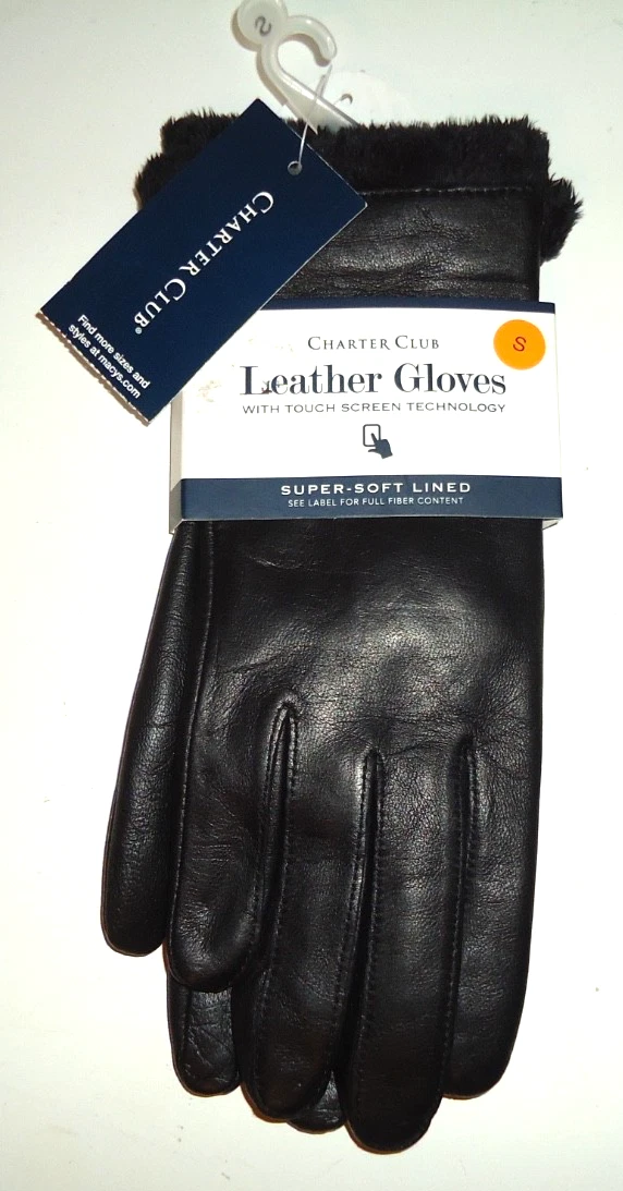 NWT Charter Club Black Leather Touch Screen Technology Fiber Fur Winter Gloves-S