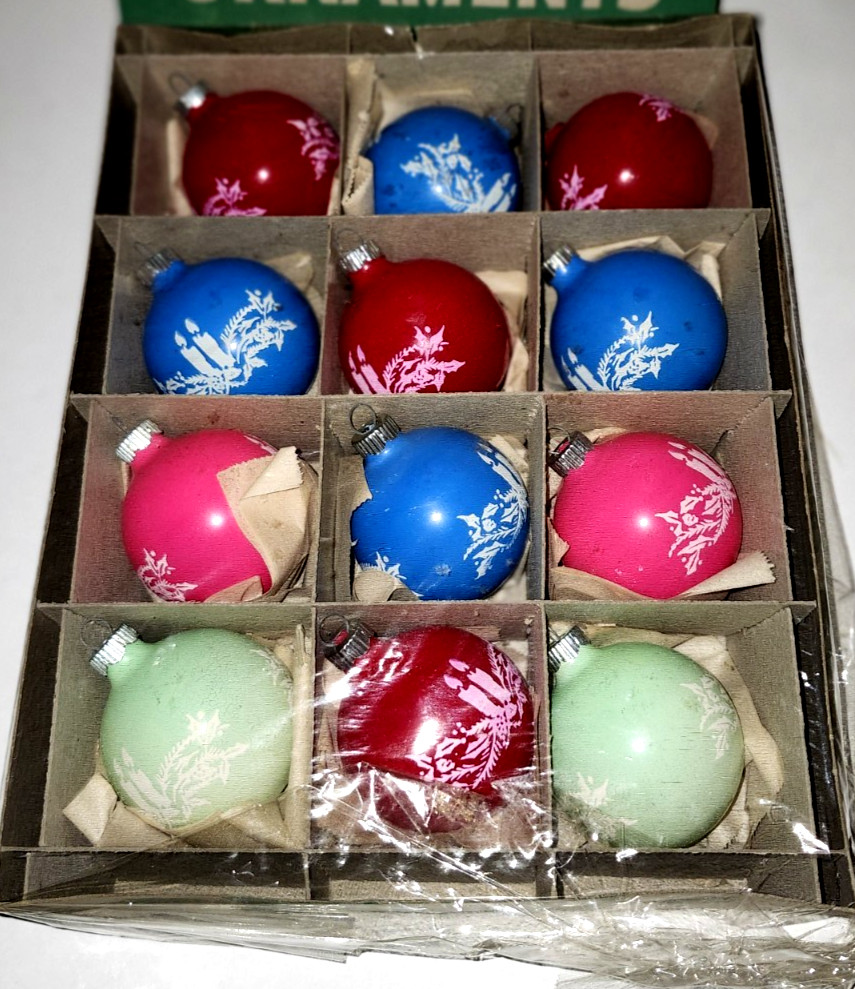 RARE Vintage Shiny Brite opaque non silvered stenciled ornaments. NOS. UV glow