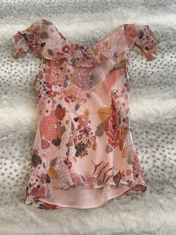Top de seda floral rosa vintage talla M con cuentas Y2K transparente hadas cabaña volantes Foto 4 de 4