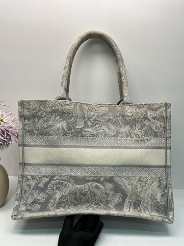 Christian Dior Medium Book Tote Grey Off-white Embroidered Canvas Daily Handbag