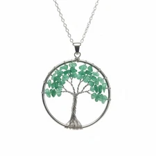 Tree of Life Pendant Necklace Green Crystal Aventurine Silver Tone Women Jewelry