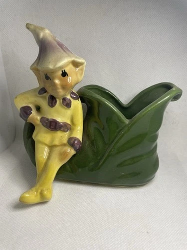 Vintage Shawnee Pixie Elf Sitting on Green Elf Shoe Planter Kitchy 765