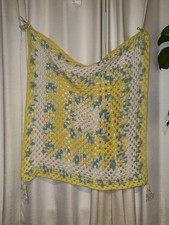 Vintage 1970s Handmade Crochet Baby Blanket Afghan Yellow Aqua White 36x36