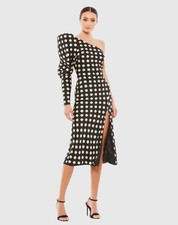 Mac Duggal 26651 Long Puff Sleeve Polka Dot Tea Length Dress Sz 2 Black $298