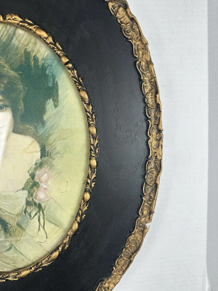 Antique Primitive Round Black And Gold Wood Frame with Portrait of Woman - Image 4 of 4