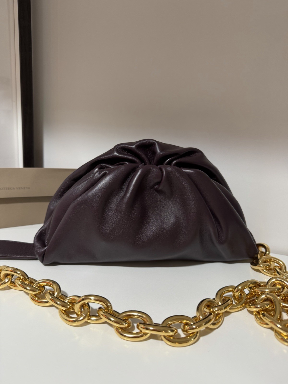 Bottega Veneta Dark Purple Shoulder Bag with Gold Chain Accent