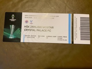 Hsk Zrinjski Mostar v Crystal Palace ticket stub UEFA Conference 19.2.26 last 1