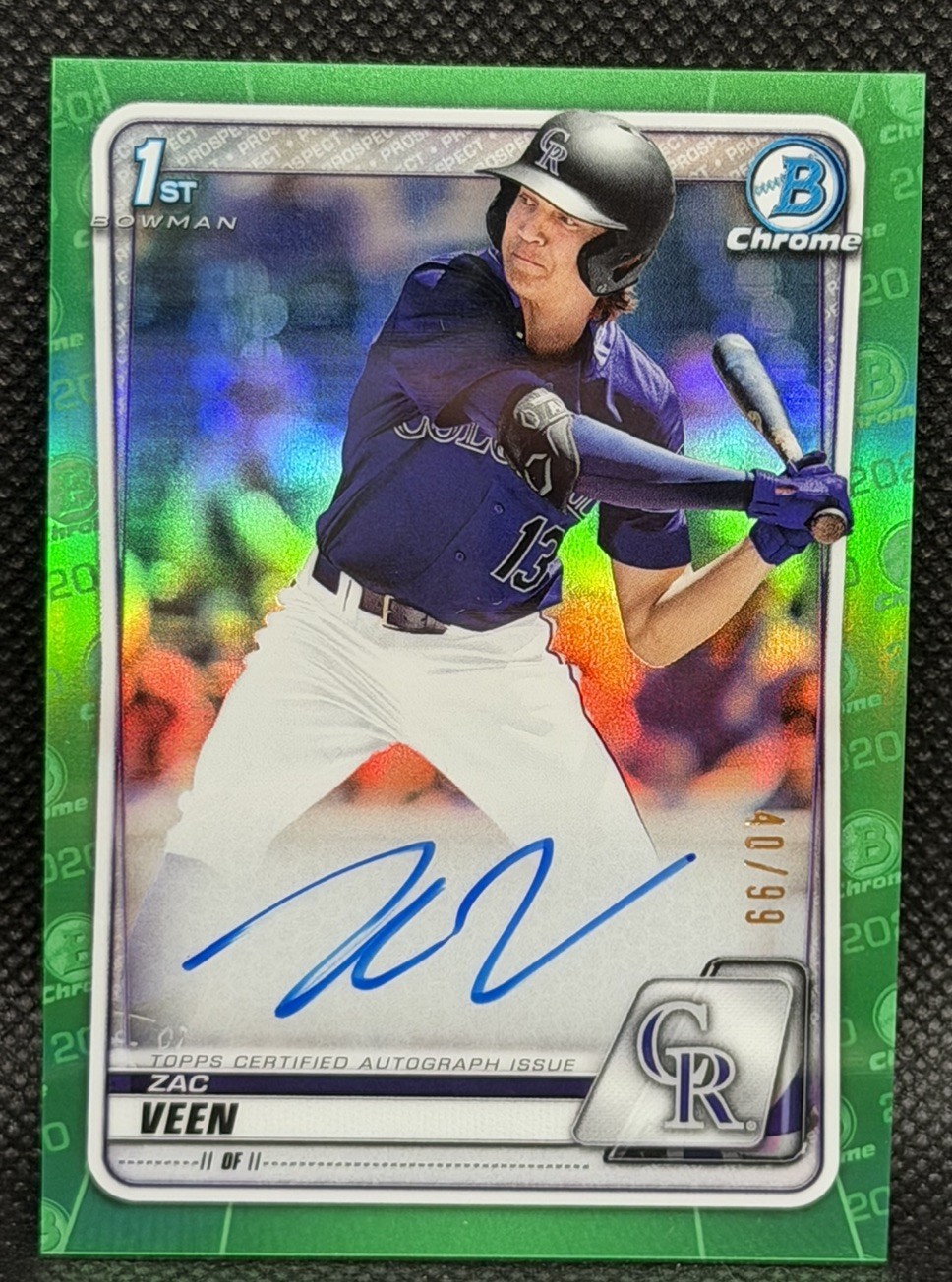 2020 Bowman Draft Zac Veen 1st Bowman Chrome Green Auto /99 #CDA-ZV Rockies
