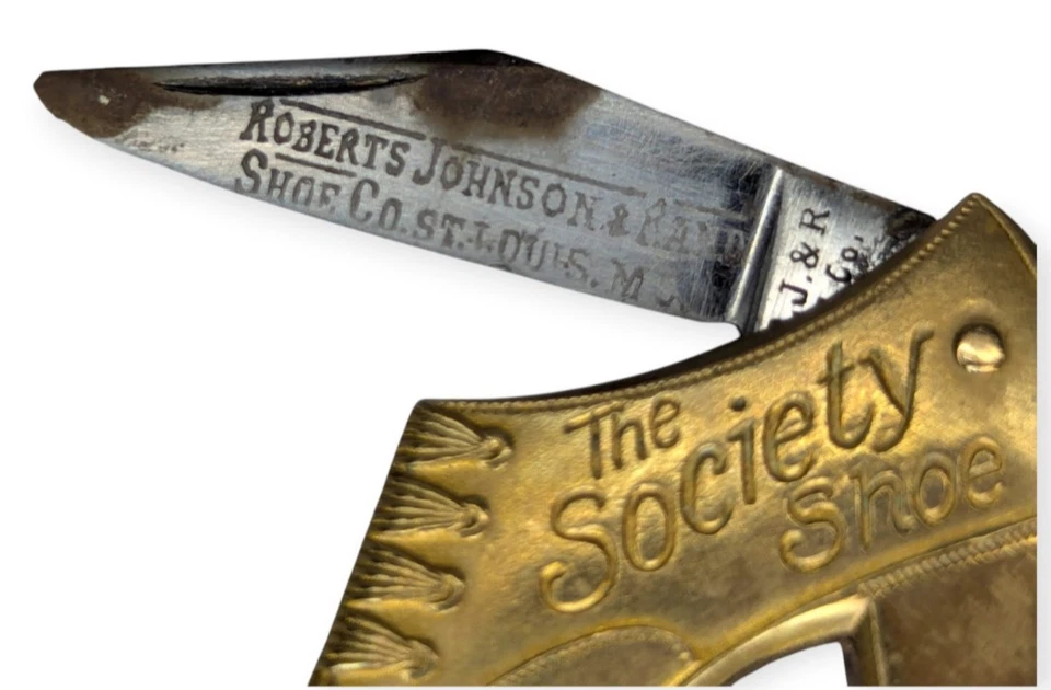 Cuchillo publicitario de zapatos de marca The Society Shoe Star de 1900 RJ & RS CO RARO Foto 3 de 4