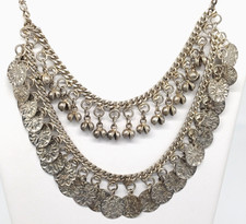 Silver Tone Belly Dance Necklace Coin Discs Ghungroo Bell Charms Boho Vintage