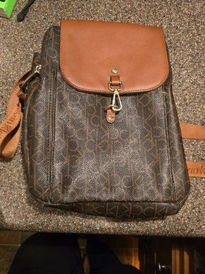 Calvin Klein Signature Monogram Print Flap Backpack Brown Tan