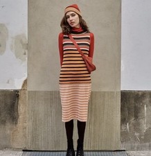 Marni x Uniqlo Brown Merino Wool Blend Striped Orange Knit Midi Dress, SZ Small