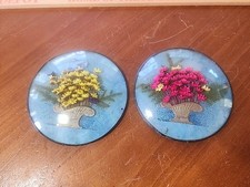 Vtg Bubble Glass Domes w/Dried Flowers Pink Yellow , Pair of Convex 4.5" Frame