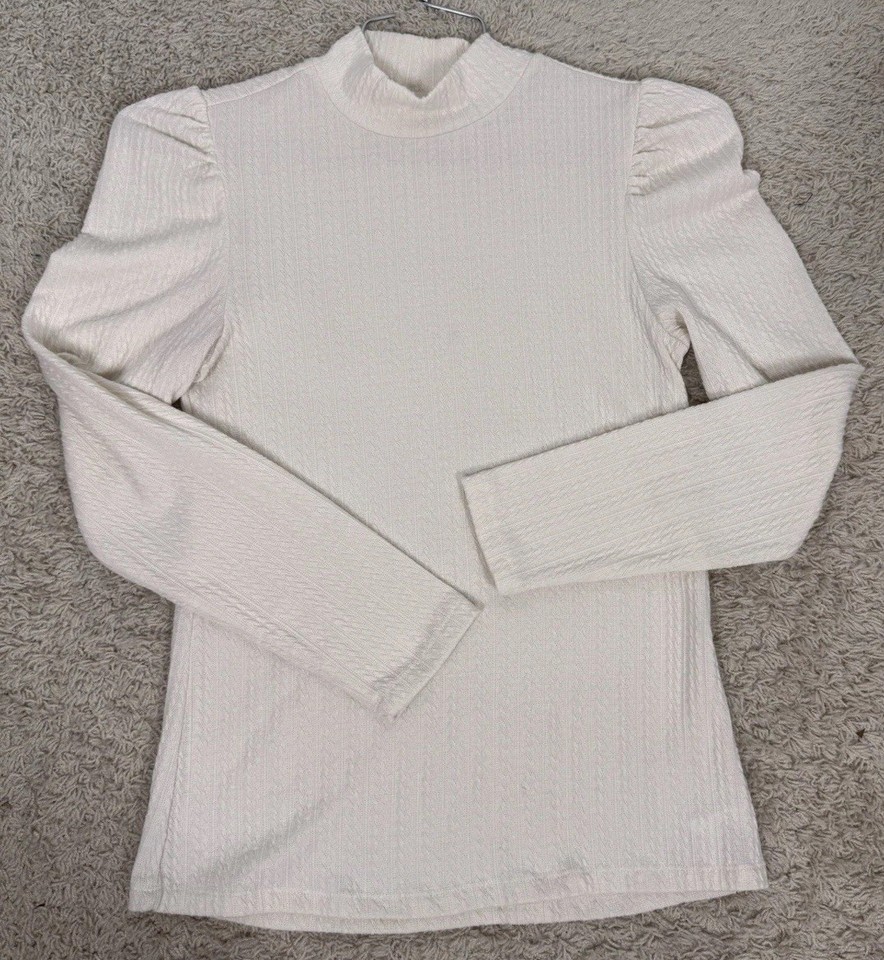Lands End Women’s Long Sleeve Mock Neck Pointelle Knit Shirt Puff Sleeves Size M