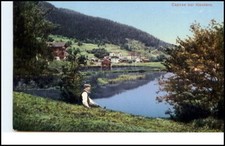 Monastery Switzerland Postcard ~ 1910 Man at Lake Cap Color View Switzerland Postcard
