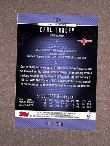 2006-07 Finest Blue Refractor #124 Carl Landry Rookie /299 - Picture 2 of 3
