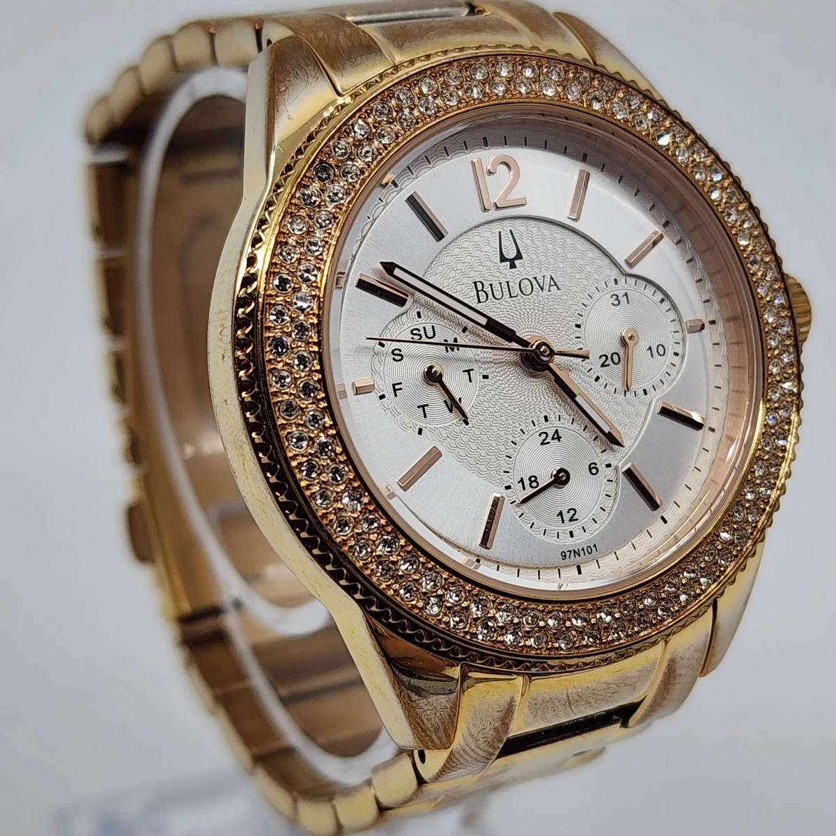 Bulova Women s Quartz Swarovski Crystal Accents Rose Gold Tone 36mm Watch 97N101