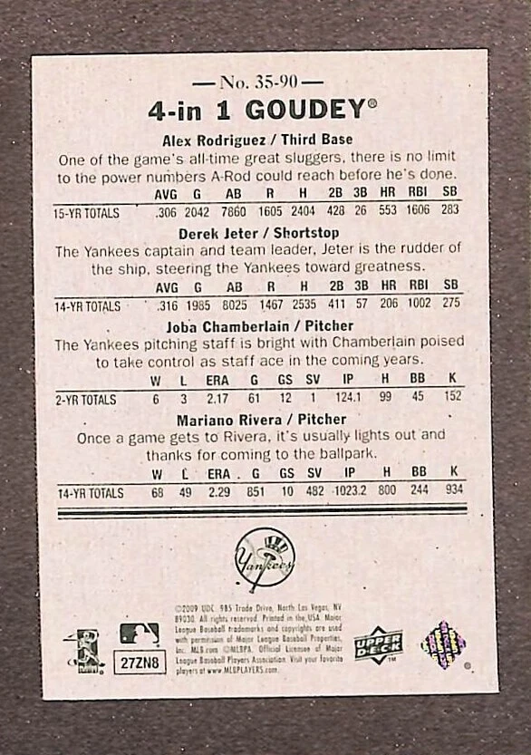 2009 Goudey 4-in-1 Green #35-50 Alex Rodriguez Derek Jeter Joba Chamberlain - Image 2 of 3