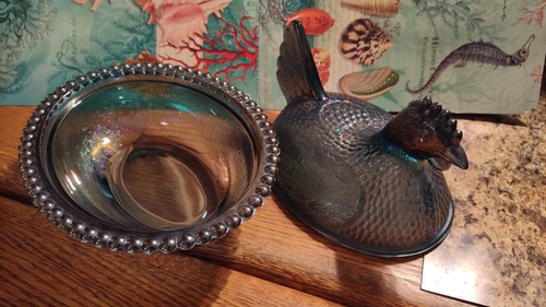 Vintage Iridescent Blue Glass Covered Dish Kitchen Chicken/Hen on Nest - Useful! - Picture 5 of 10