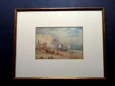 Victorian Watercolour Painting, Fishing Boats, Fishermen, White Cliffs, Sea