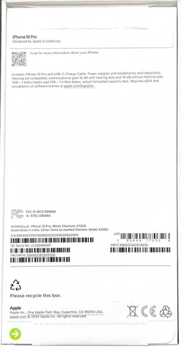 Boite vide d'origine Apple iPhone 16 Pro blanc titane (sans accessoires / sans manuel) - Photo 2 sur 3
