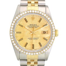 Rolex Datejust Two-Tone 18KY SS Champagne Linen Dial 1.25cts Diamond Bezel Watch