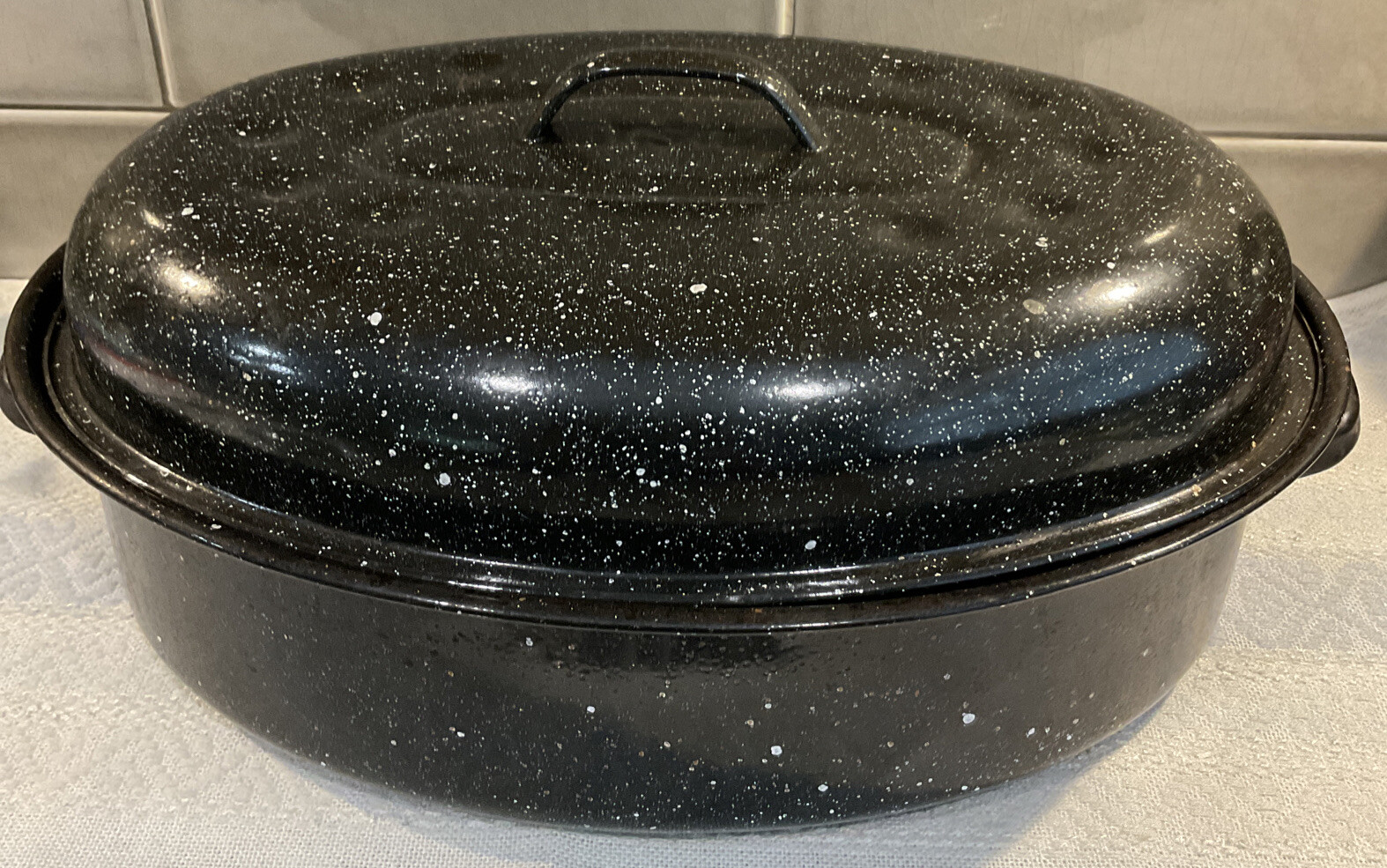 Vintage Enamel Ware Roasting Pan Graniteware Black Speckled Oval 14