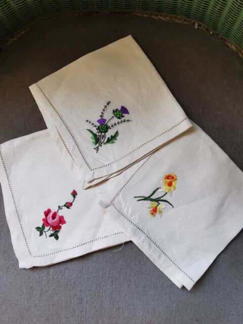 3 Vintage Linen Squares Embroidered Flowers Of Britain Thistle Rose & Daffodil